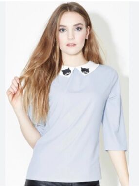 Sugarhill pastel Top White Peter Pan Collar Cat embroidery twee blouse sz 6 cute